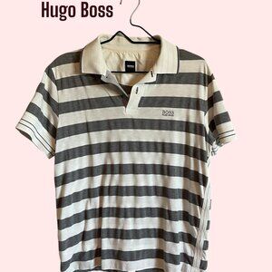 Hugo Boss Regular Fit Polo Shirt Men's L White Grey Stripe Short Sleeve GUC